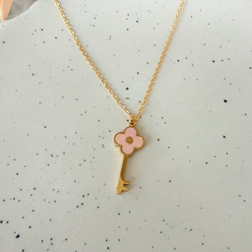 Pink flower key necklace