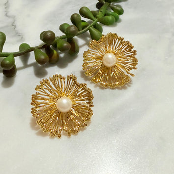 Golden pearl flower earrings