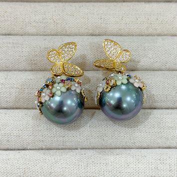 Butterfly with hanging ball earrings