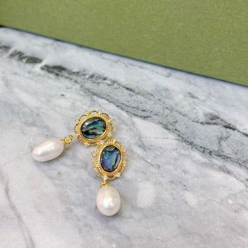 Abalone shell with hanging pearl earrings