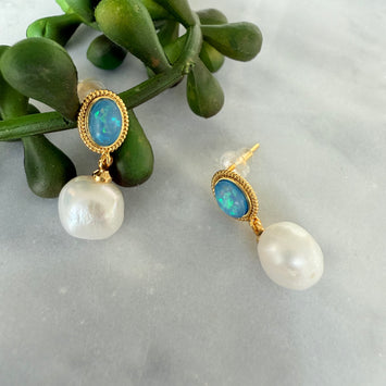 Gemstone with hanging pearl earrings