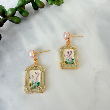 Pink pearl and painting earrings