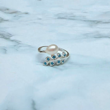 Blue Leaf & Pearl Ring