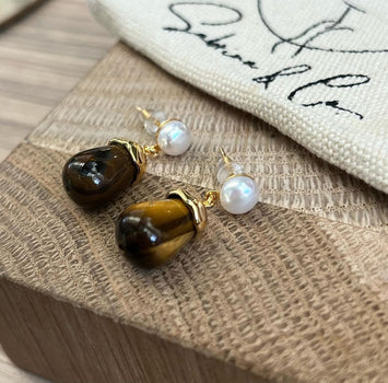 Pearl with hanging tiger eye earrings