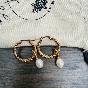 Golden hoop with hanging pearl earrings