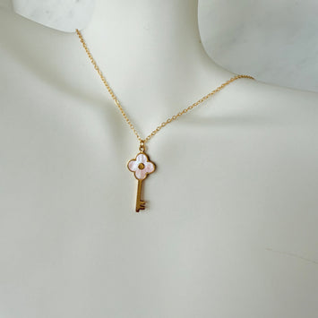 Pink flower key necklace