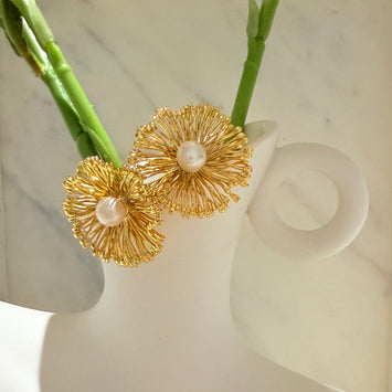 Golden pearl flower earrings