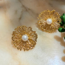 Golden pearl flower earrings