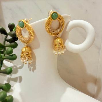 Hanging pearl bell earrings