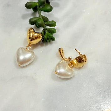 Hanging heart pearl hoop earrings