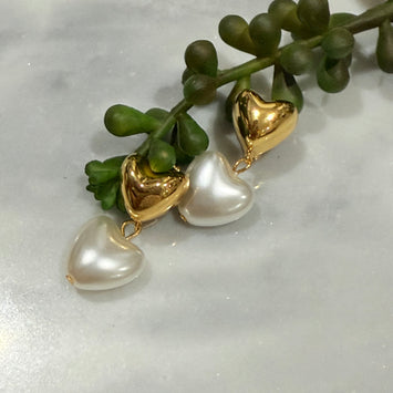 Hanging heart pearl hoop earrings