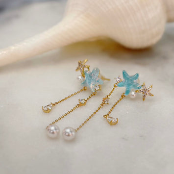 Blue stars with hanging pearl earrings