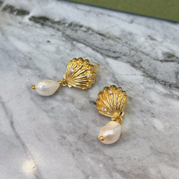Shell with hanging pearl earrings