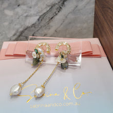 Gemstone flower with hanging pearl earrings