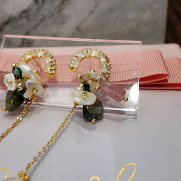 Gemstone flower with hanging pearl earrings