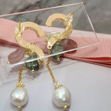 Gemstone flower with hanging pearl earrings