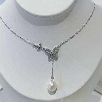 Sterling sliver butterfly with hanging pearl necklace