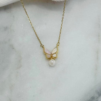 Shell butterfly with hanging pearl necklace