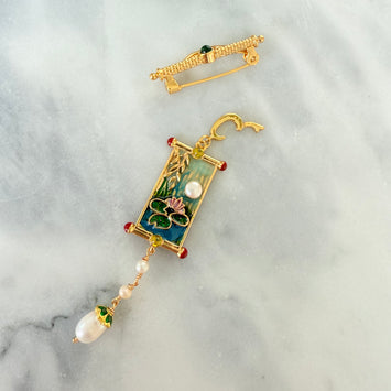 Lotus painting with hanging pearl brooch