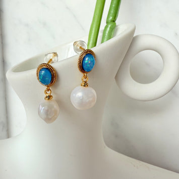 Gemstone with hanging pearl earrings