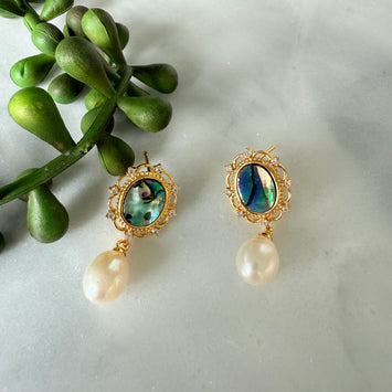 Shell with hanging pearl earrings