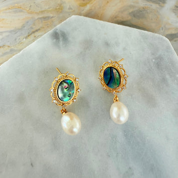 Shell with hanging pearl earrings