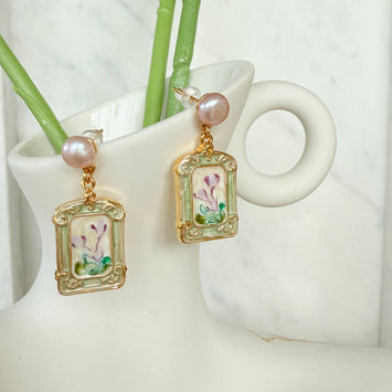 Pink pearl and painting earrings
