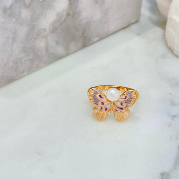 Purple butterfly pearl ring