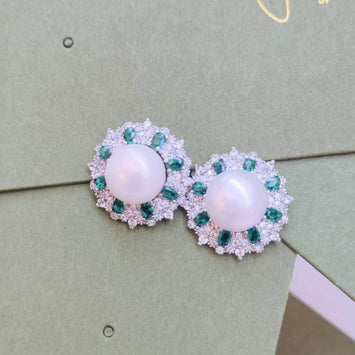 Green Halo Pearl Earrings