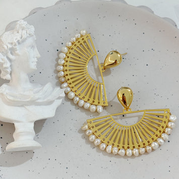 Golden pearl fan earrings