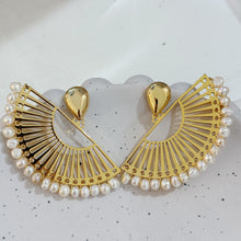Golden pearl fan earrings