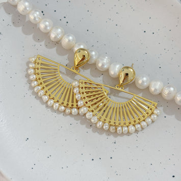 Golden pearl fan earrings