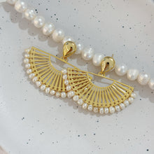 Golden pearl fan earrings