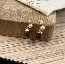 Pearl with hanging tiger eye earrings
