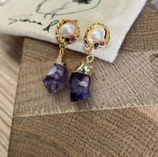 Pearl with hanging purple gemstone earrings