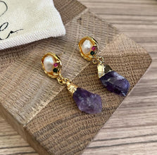 Pearl with hanging purple gemstone earrings
