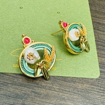 Red stone with pearl earrings