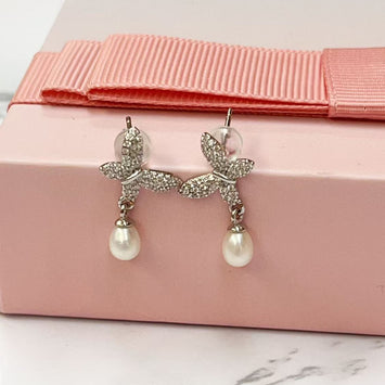 Sparkly Butterfly & Drop Pearl Earrings